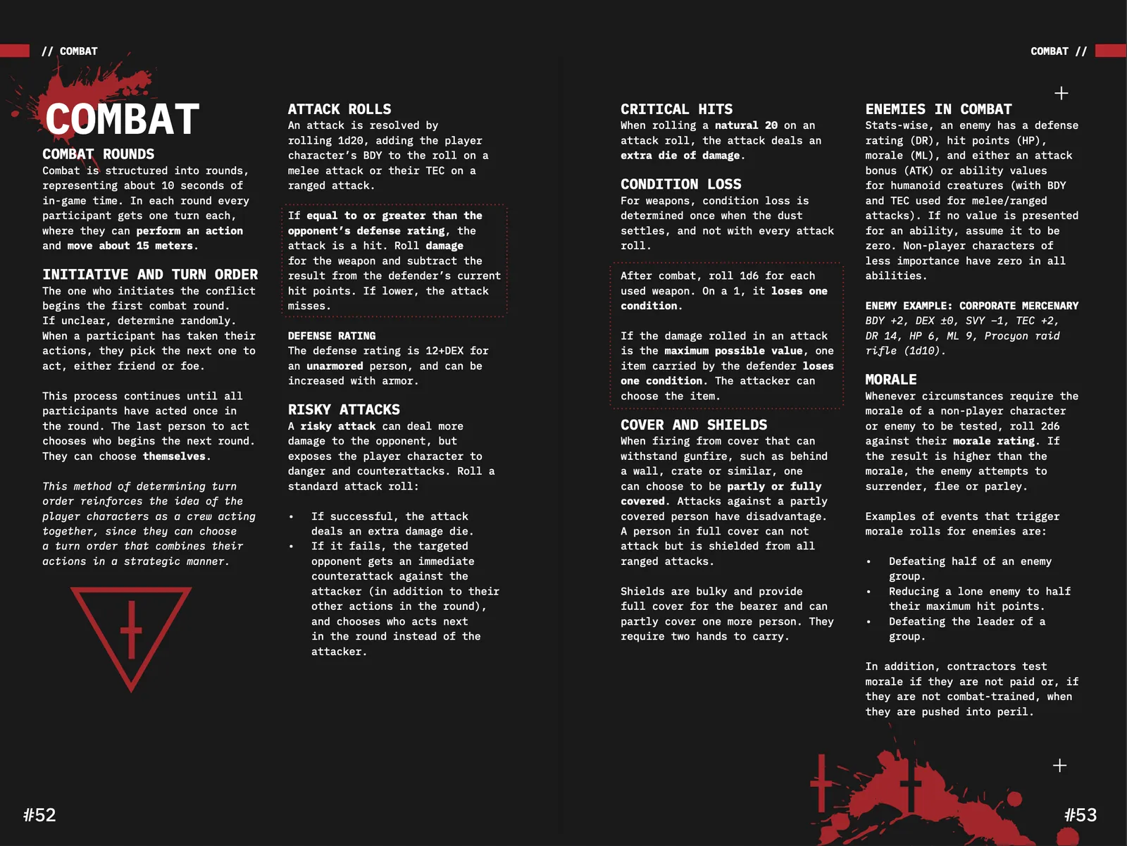 Every combat rule for Death in Space on one page spread.