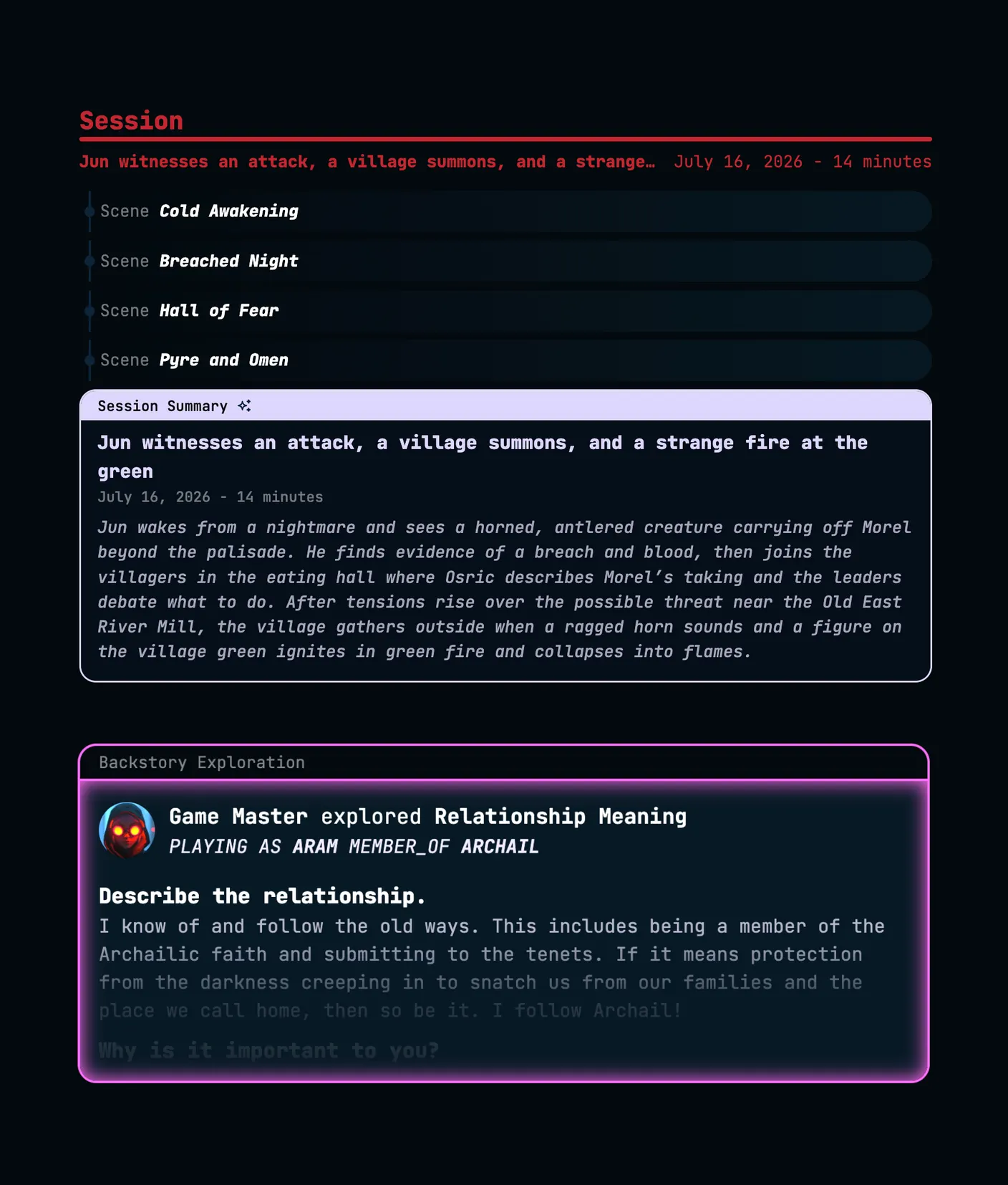 A fantasy session in the Gamestream: four scenes, Cold Awakening, Breached Night, Hall of Fear, and Pyre and Omen, above the session summary card