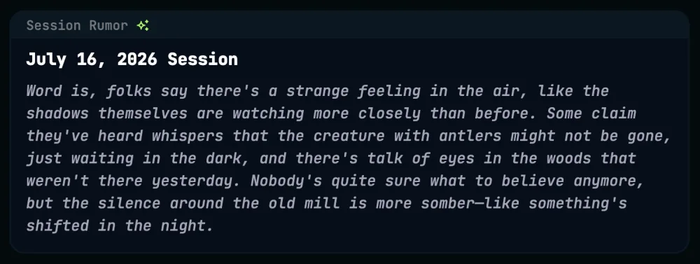 A Session Rumor card in the Gamestream showing an in-world summary in place of the session summary