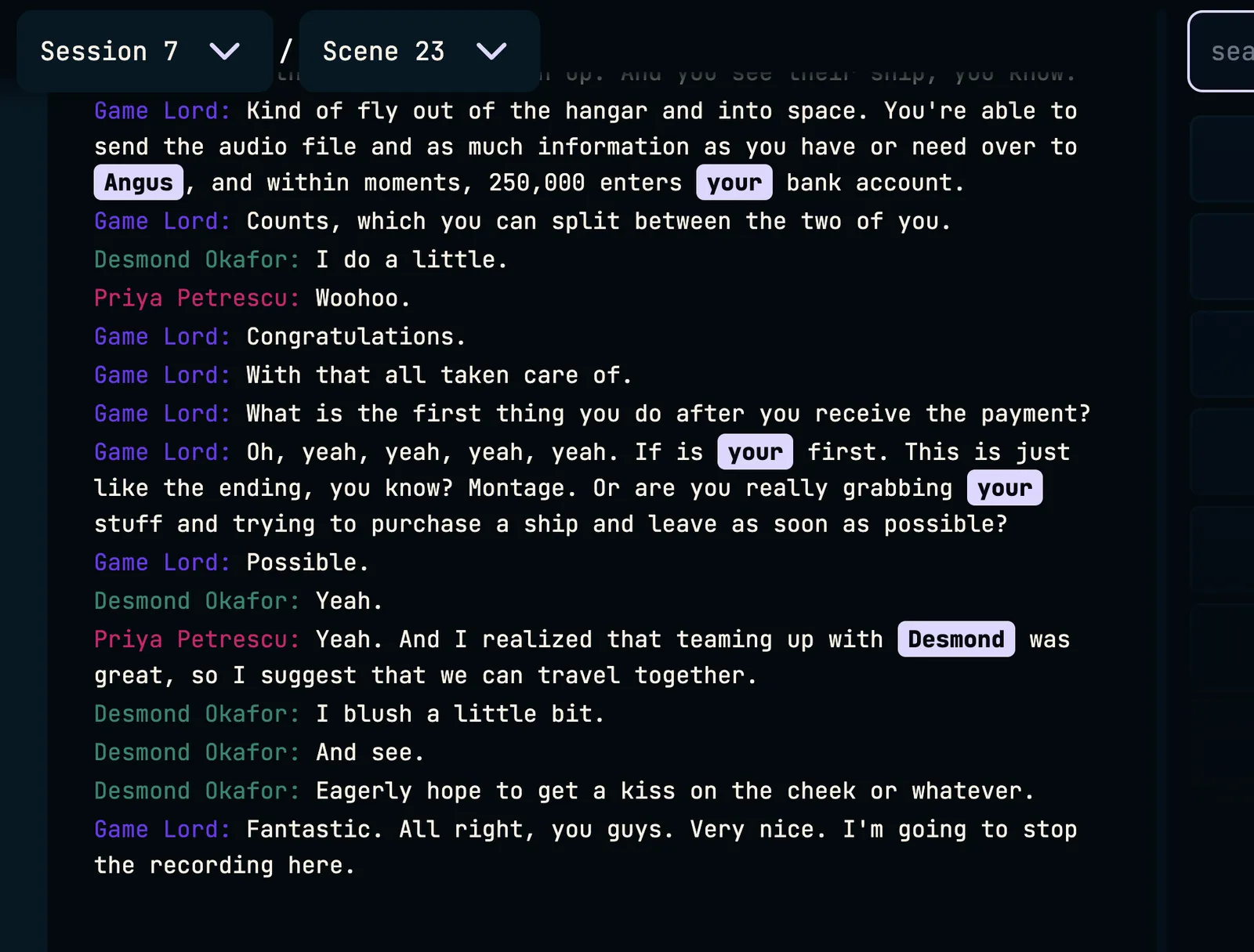 The Mothership transcript from the second crew's session, with Angus linked to the compendium entry the first crew's sessions created