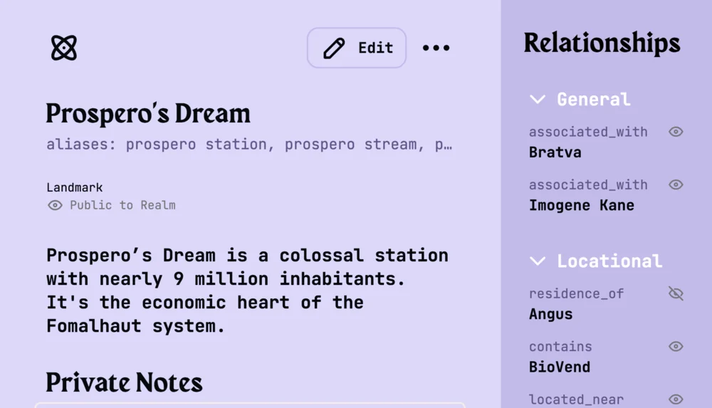 A realm compendium entry for a location, opened by clicking its name where it was mentioned in the session