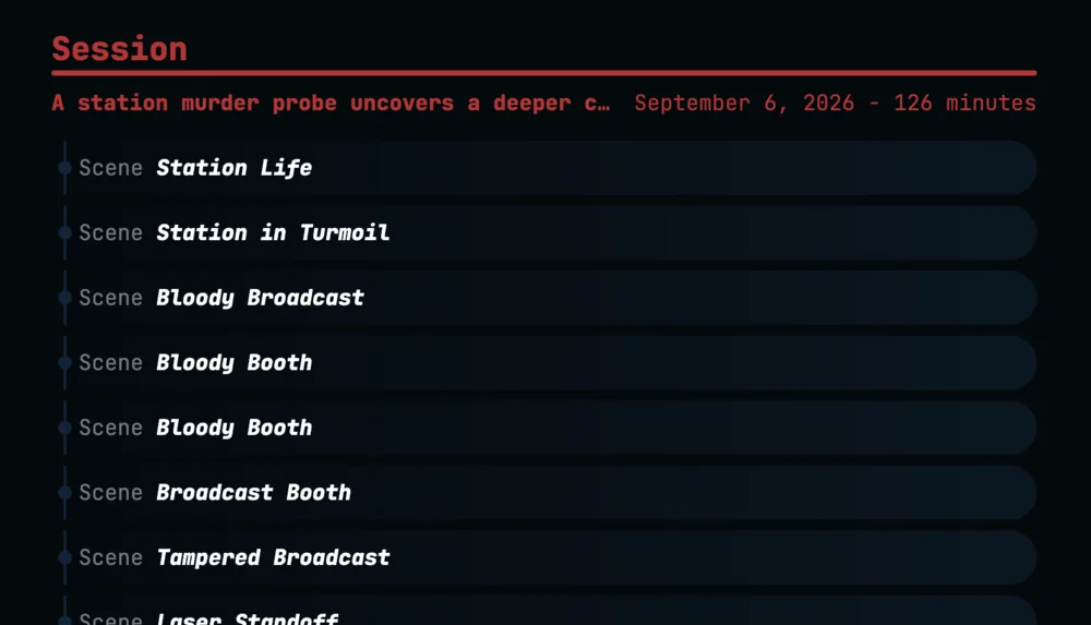 A session summary above its list of scenes, from "Station Life" to "Laser Standoff"