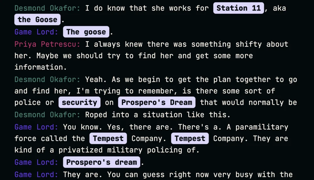 A Realms of Shod transcript with each speaker shown in a distinct color