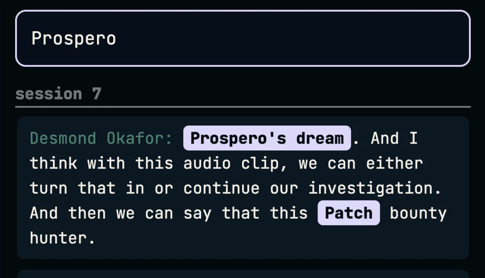 A search result showing the exact line a player said, with the session it came from