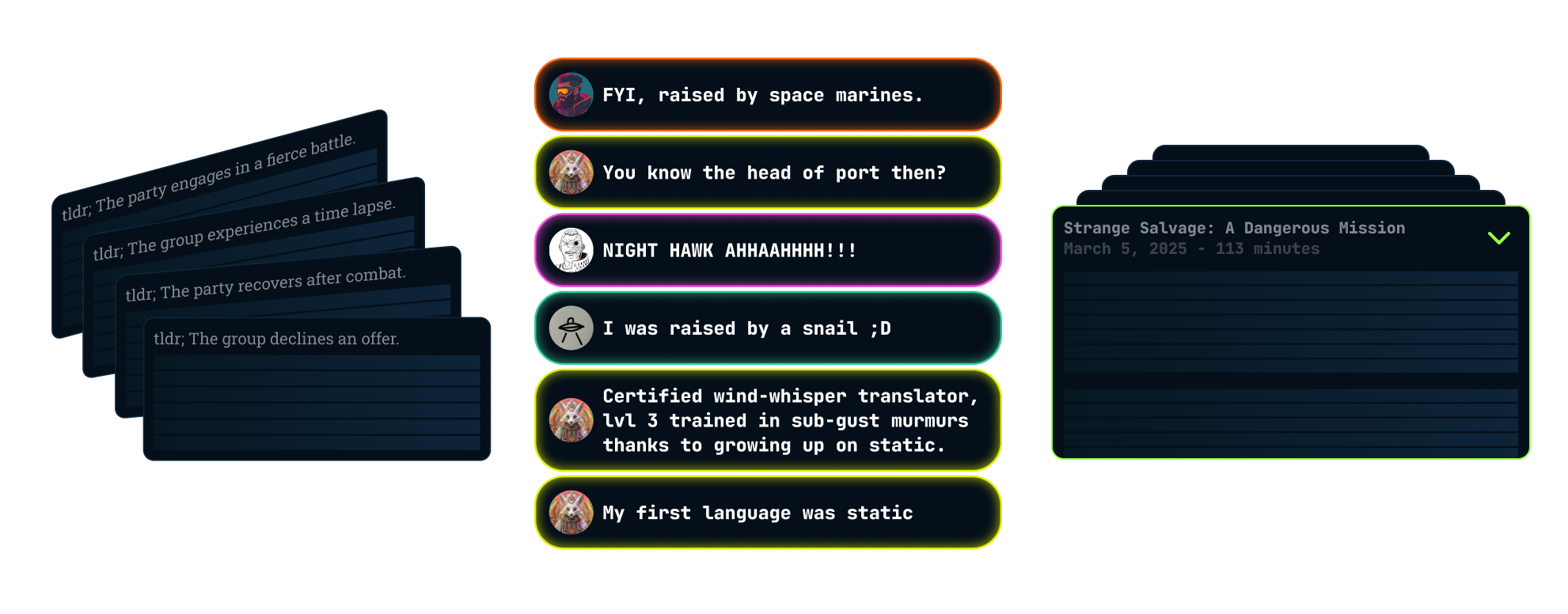 scene recaps, session summaries, chat banter graphic